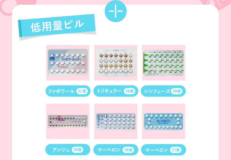 + 低用量ピル ファボワール21錠 トリキュラー28錠 シンフェーズ28錠 アンジュ28錠 アンジュ21錠 マーベロン28錠 マーベロン21錠