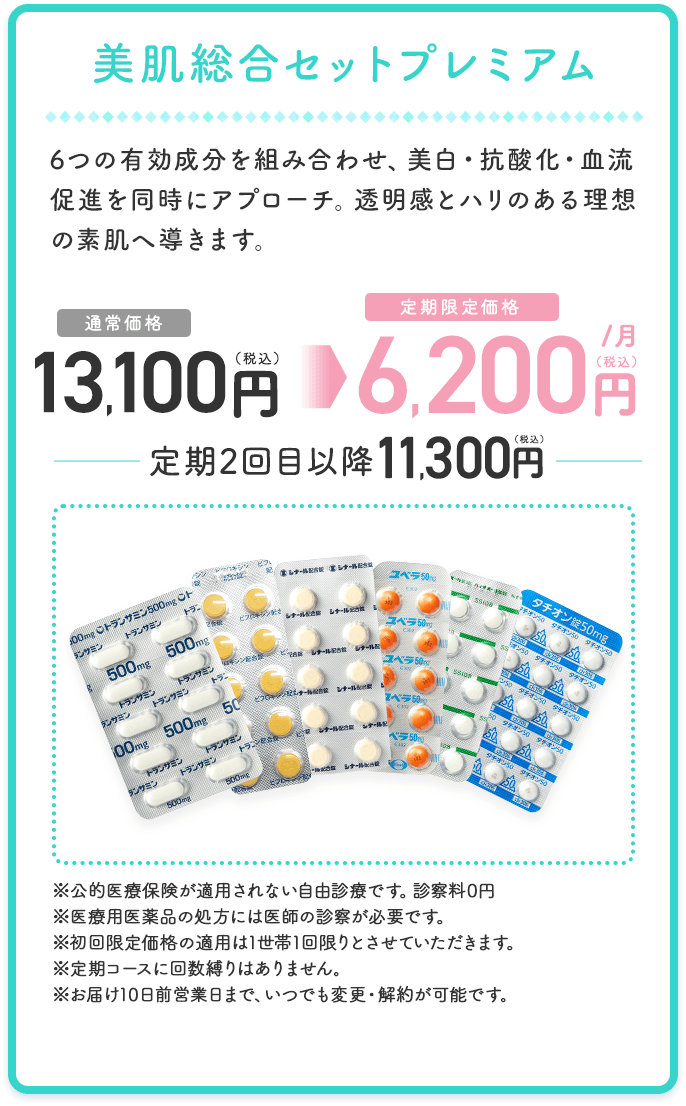 美肌総合セットプレミアム 6つの有効成分を組み合わせ、美白・抗酸化・血流促進を同時にアプローチ。透明感とハリのある理想の素肌へ導きます。 通常価格 13,100円（税込） 定期限定価格 6,200円（税込）／月 定期2回目以降 11,300円（税込） ※公的医療保険が適用されない自由診療です。診察料0円 ※医療用医薬品の処方には医師の診察が必要です。 ※初回限定価格の適用は1世帯1回限りとさせていただきます。 ※定期コースに回数縛りはありません。 ※お届け10日前営業日まで、いつでも変更・解約が可能です。