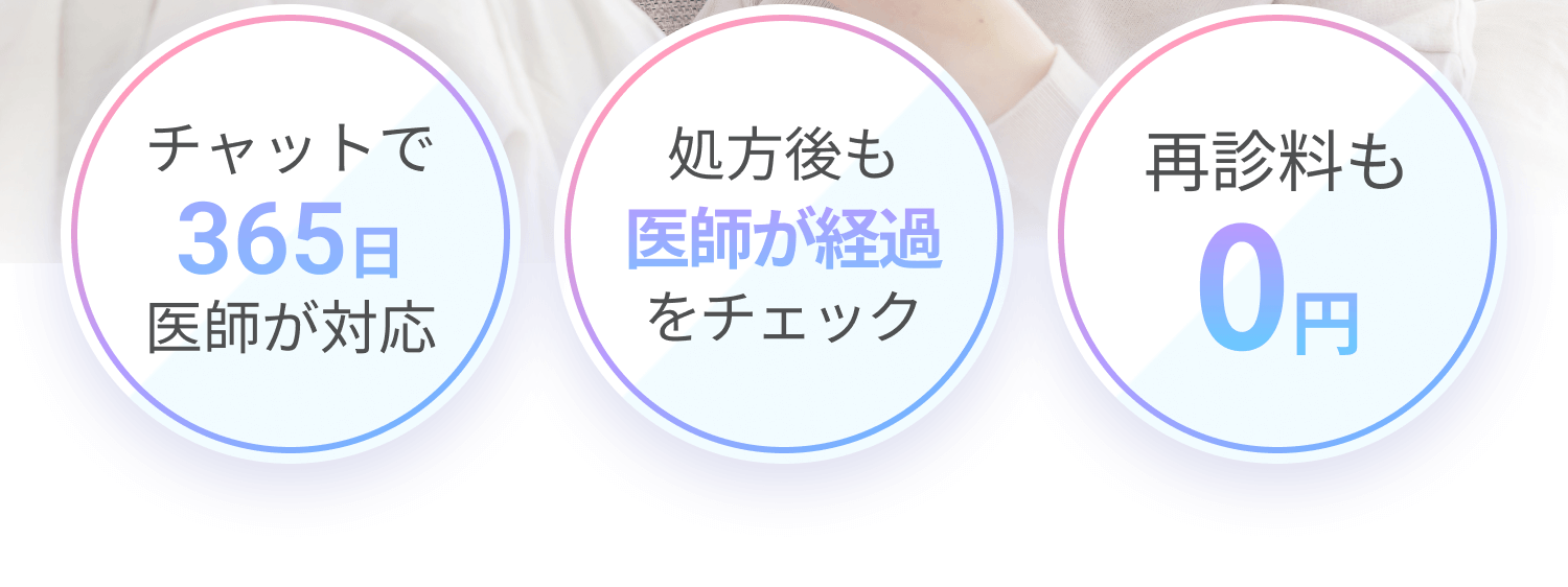 ・チャットで365日医師が対応・処方後も医師が経過をチェック・再診料も0円