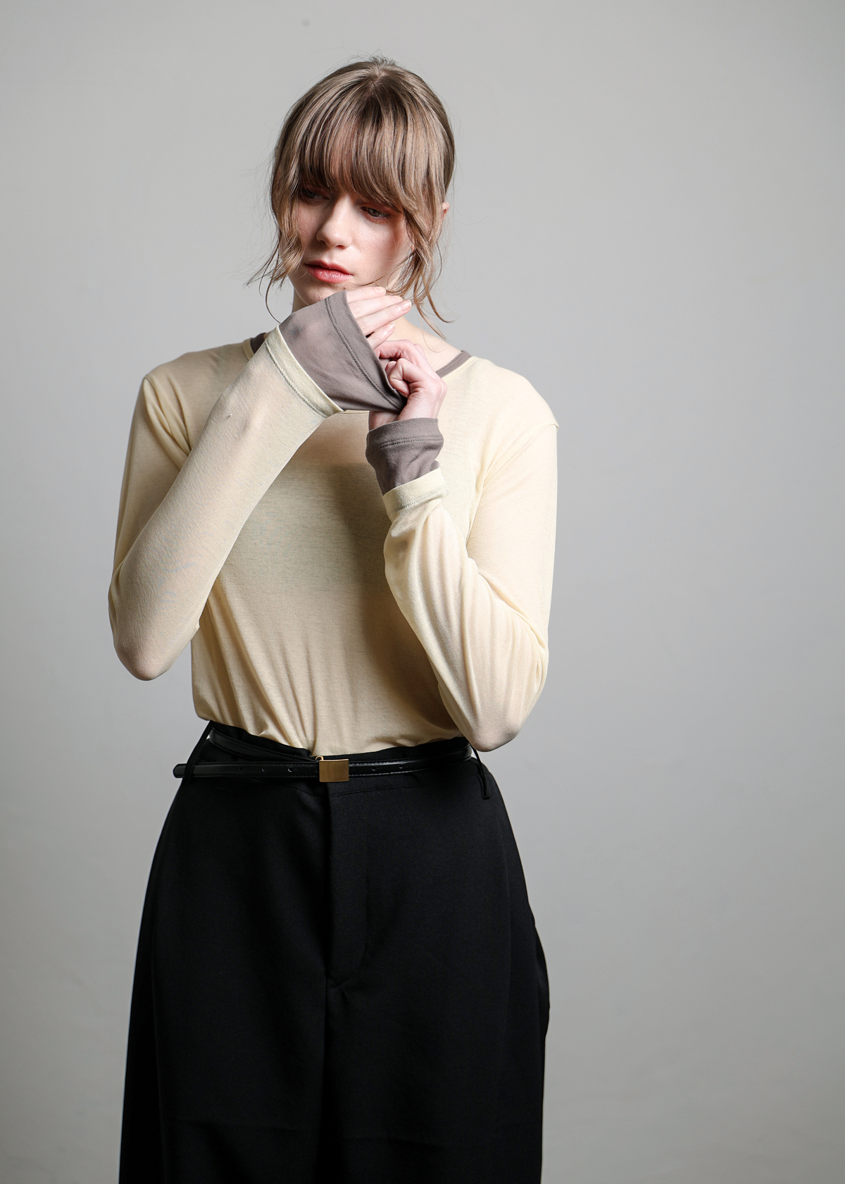 Sheer Hi-Twist Rib Jersey Layer-like LS T サイズ: F, カラー: イエロー