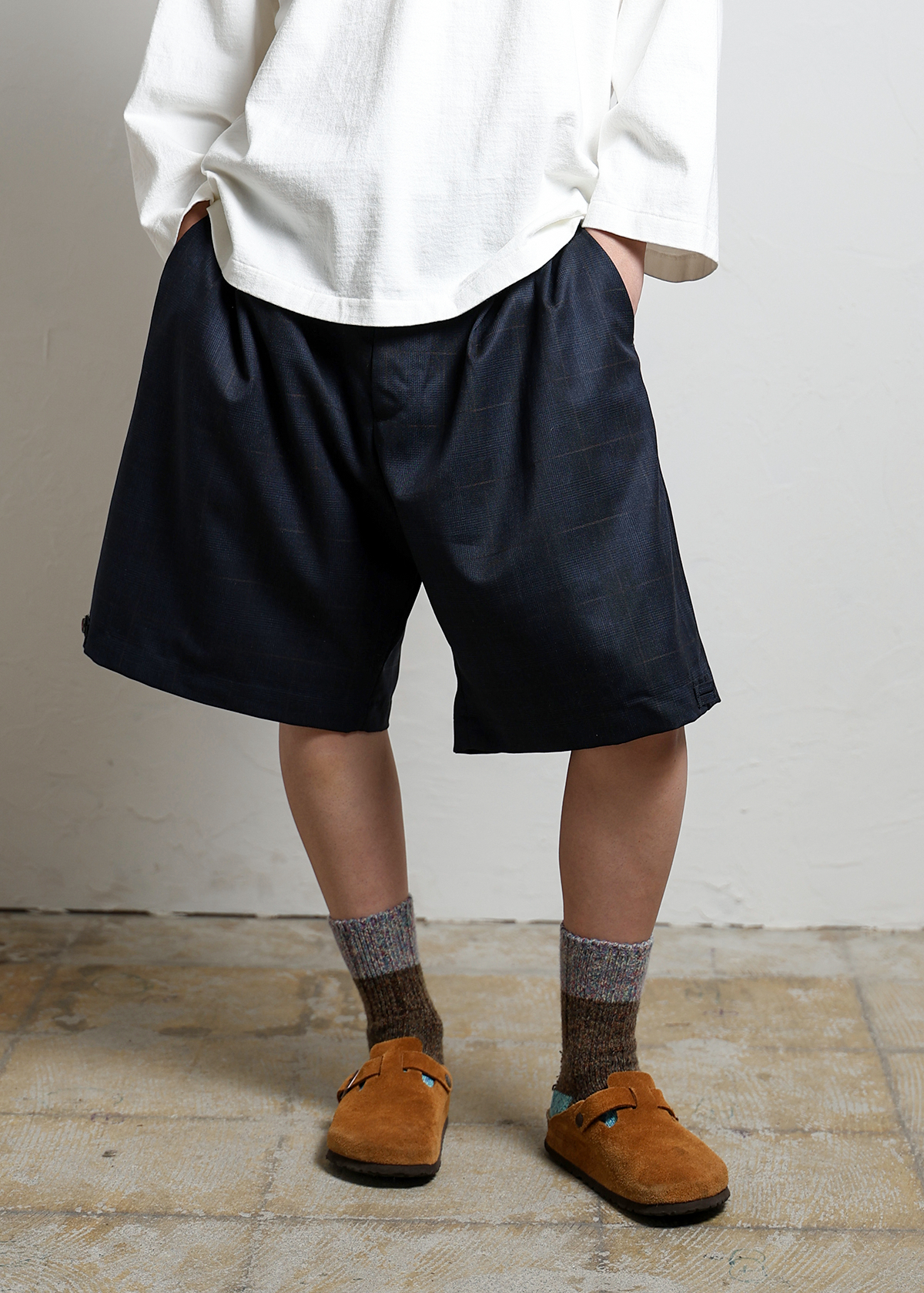 Super 100's -2/1 Wool Glen Plaid Short Pants サイズ: F, カラー: ブルー