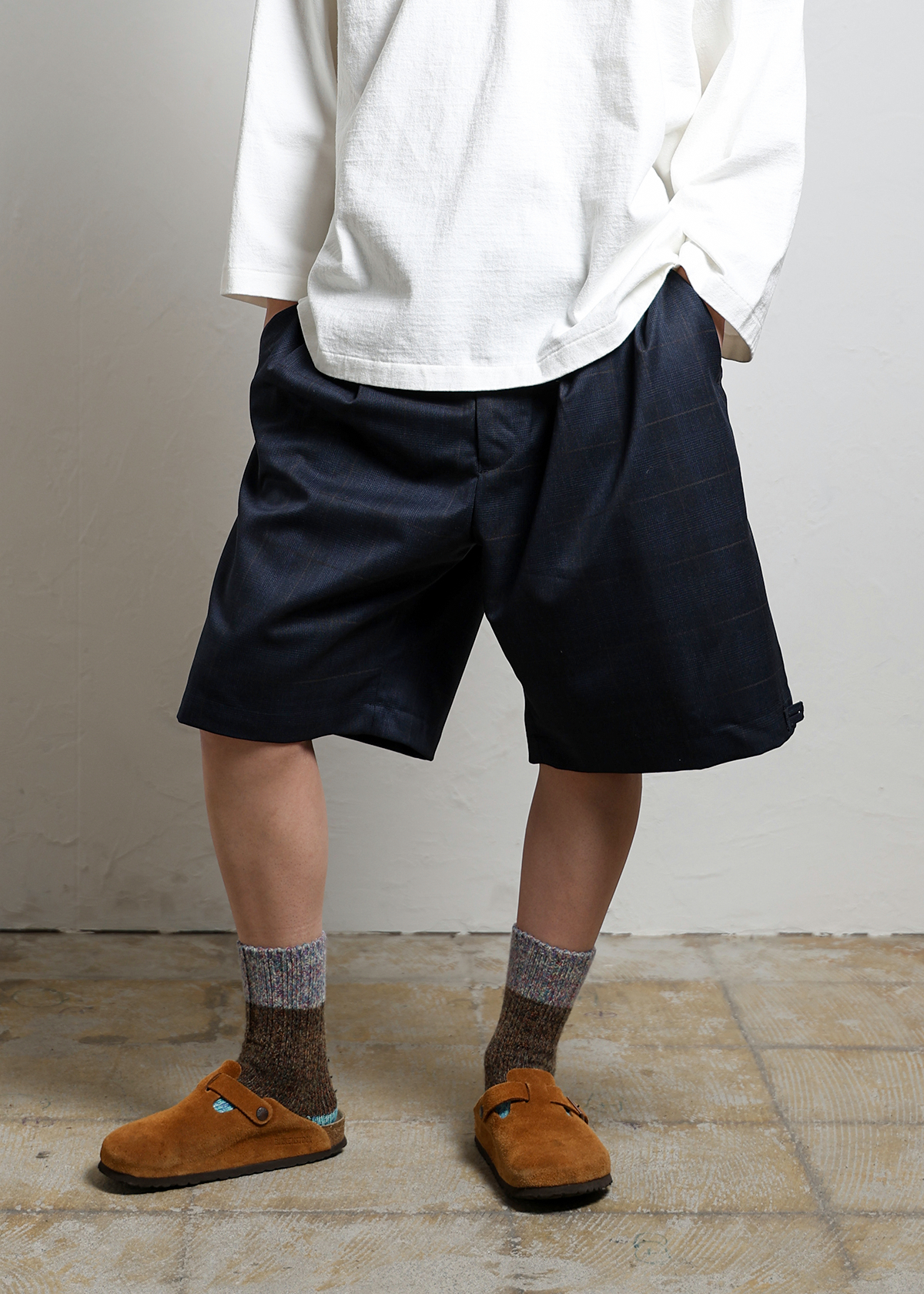 Super 100's -2/1 Wool Glen Plaid Short Pants サイズ: F, カラー: ブルー