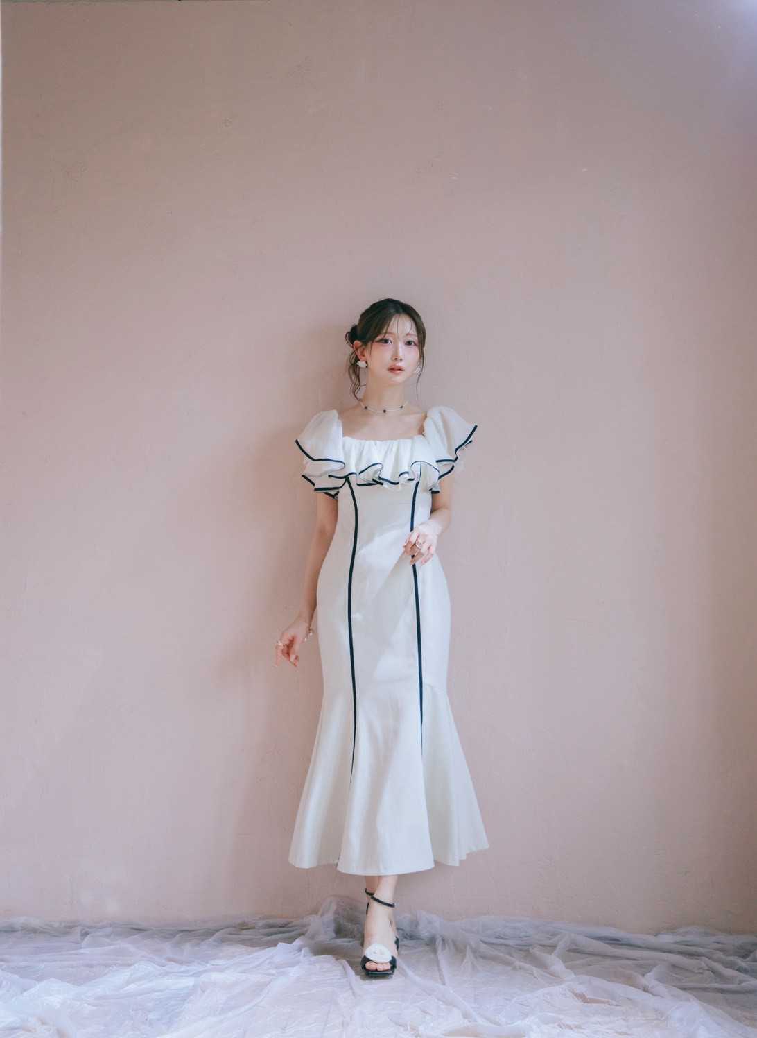 Sheer Frill Piping Dress