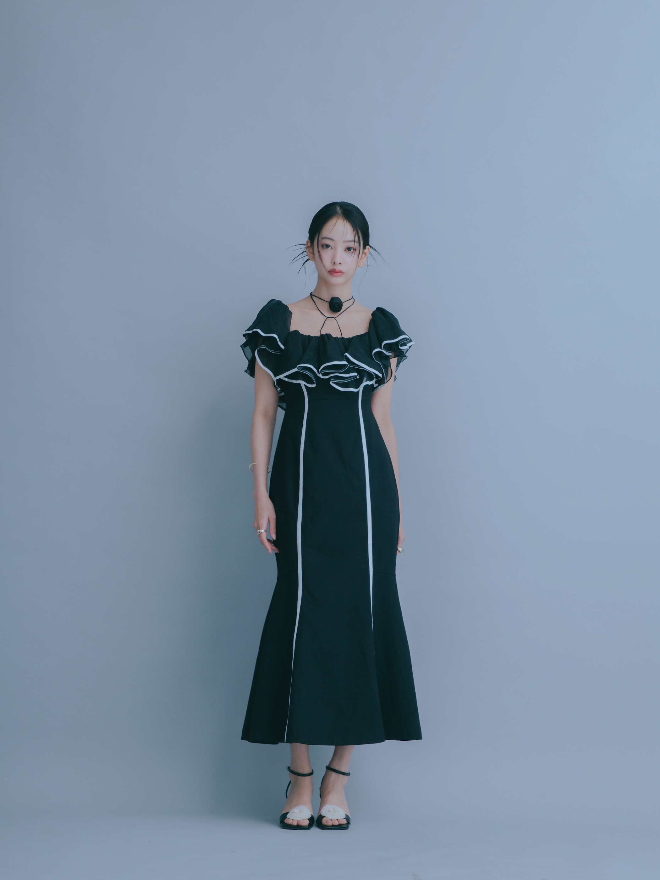 Sheer Frill Piping Dress
