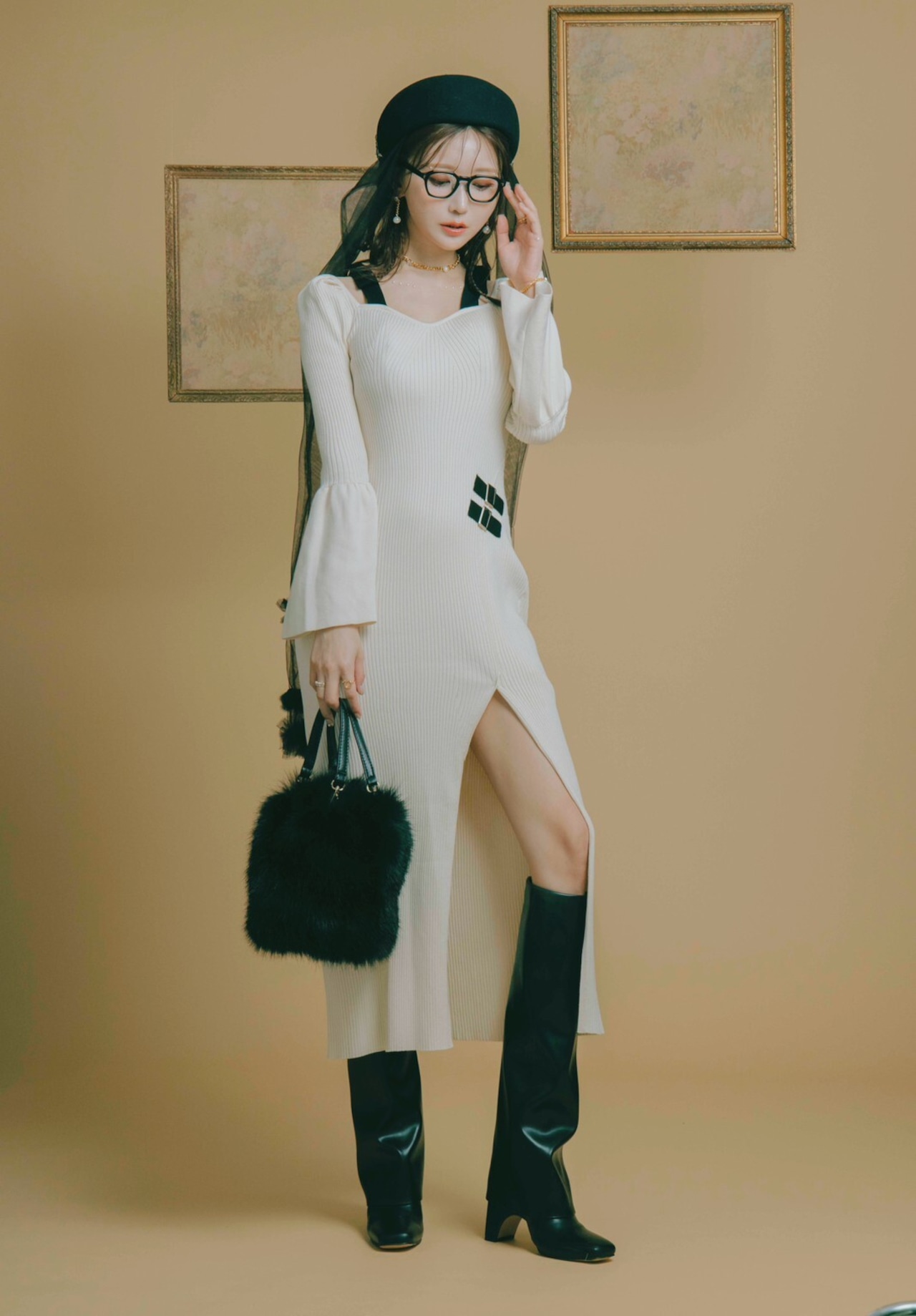 Ribbon Shoulder Knit Dress