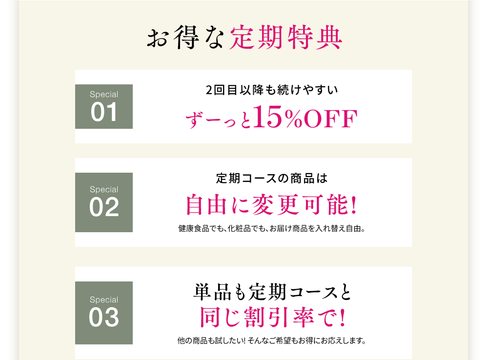 お得な定期特典 特典1 2回目以降も続けやすい ずーっと15%OFF 特典2 定期コースの商品は自由に変更可能!健康食品でも、化粧品でも、お届け商品を入れ替え自由。 特典3 単品も定期コースと同じ割引率で!