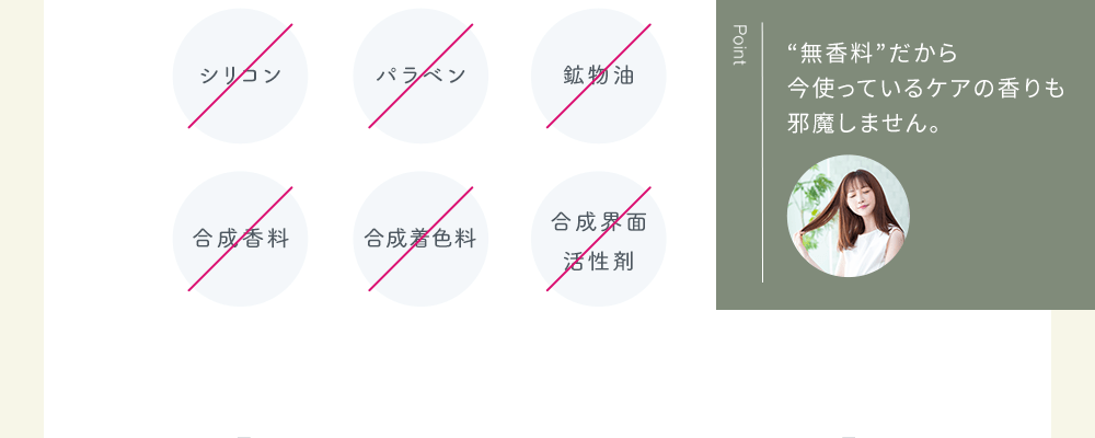 Point “無香料”だから今使っているケアの香りも邪魔しません。