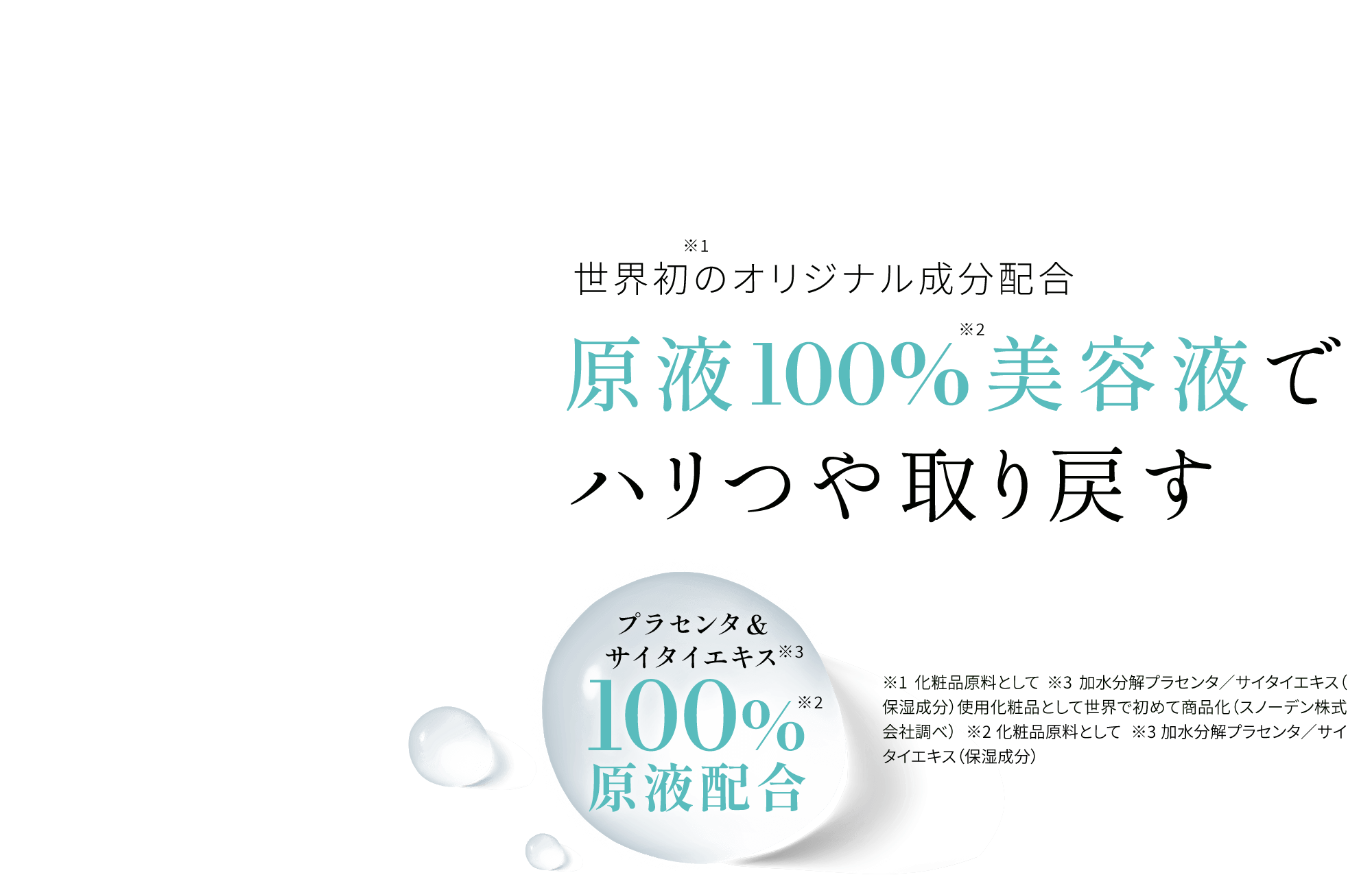 世界初※1のオリジナル成分配合原液100%※2美容液でプラセンタ&サイタイエキス※3100%※2原液配合 ※1 化粧品原料として ※3 加水分解プラセンタ／サイタイエキス（保湿成分）使用化粧品として世界で初めて商品化（スノーデン株式会社調べ）  ※2 化粧品原料として  ※3 加水分解プラセンタ／サイタイエキス（保湿成分）