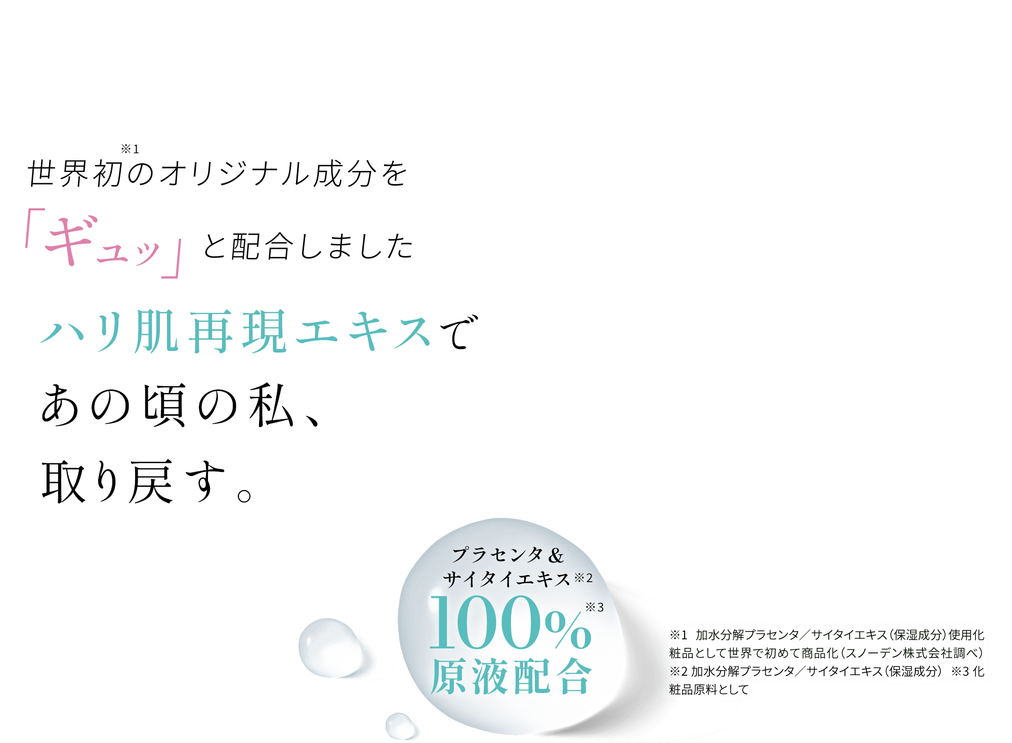 世界初※1のオリジナル成分を「ギュッ」と配合しました ハリ肌再現エキスであの頃の私、取り戻す。プラセンタ&サイタイエキス※2 100%※3原液配合 ※1 加水分解プラセンタ／サイタイエキス（保湿成分）使用化粧品として世界で初めて商品化（スノーデン株式会社調べ）  ※2 加水分解プラセンタ／サイタイエキス（保湿成分）  ※3 化粧品原料として