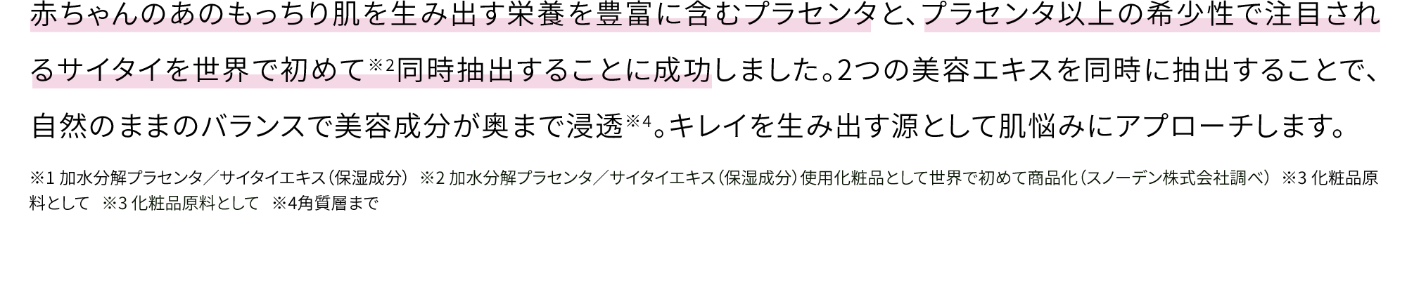 赤ちゃんのあのもっちり肌を生み出す栄養を豊富に含むプラセンタと、プラセンタ以上の希少性で注目されるサイタイを世界で初めて※2同時抽出することに成功しました。2つの美容エキスを同時に抽出することで、自然のままのバランスで美容成分が奥まで浸透※4。キレイを生み出す源として肌悩みにアプローチします。※1 加水分解プラセンタ／サイタイエキス（保湿成分）  ※2 加水分解プラセンタ／サイタイエキス（保湿成分）使用化粧品として世界で初めて商品化（スノーデン株式会社調べ）  ※3 化粧品原料として   ※3 化粧品原料として   ※4角質層まで