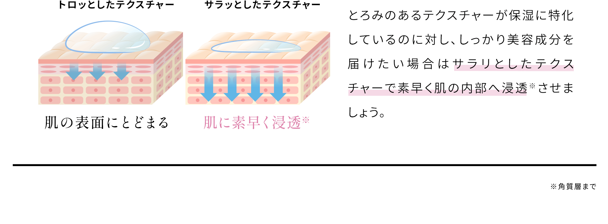 とろみのあるテクスチャーが保湿に特化しているのに対し、しっかり美容成分を届けたい場合はサラリとしたテクスチャーで素早く肌の内部へ浸透※させましょう。※角質層まで