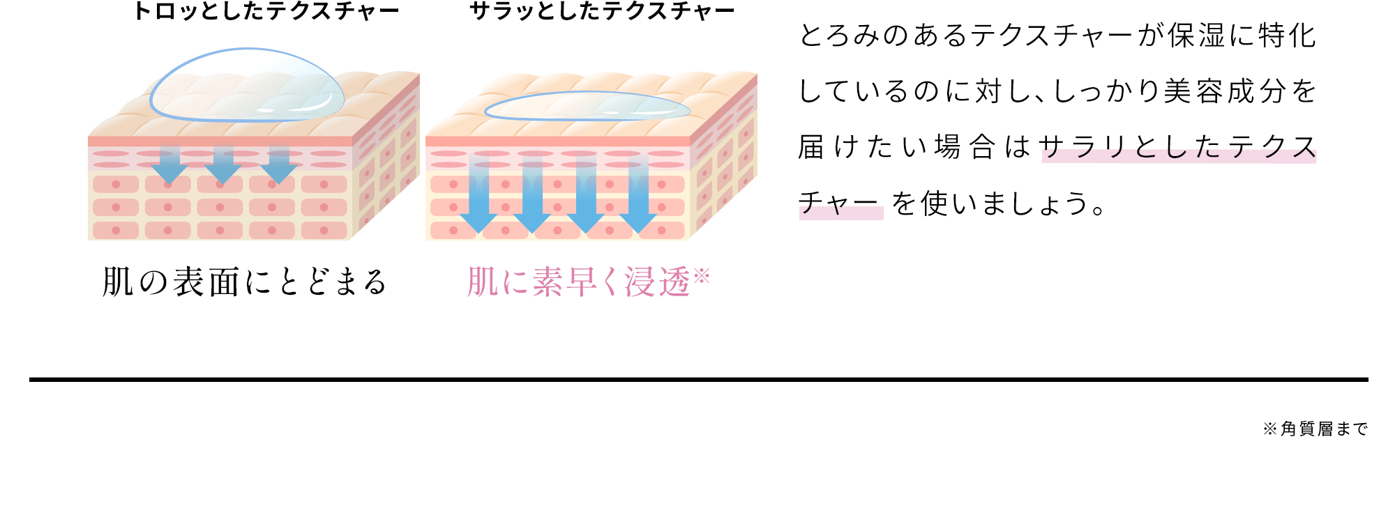 とろみのあるテクスチャーが保湿に特化しているのに対し、しっかり美容成分を届けたい場合はサラリとしたテクスチャーで素早く肌の内部へ浸透※させましょう。※角質層まで