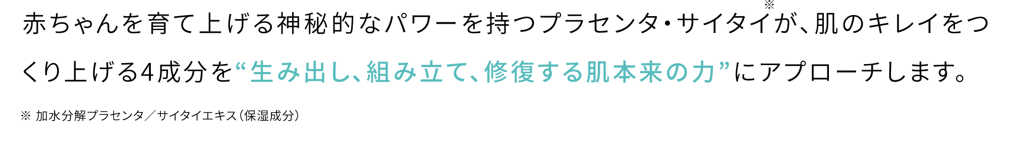 赤ちゃんを育て上げる神秘的なパワーを持つプラセンタ・サイタイ※が、肌のキレイをつくり上げる4成分を“生み出し、組み立て、修復する肌本来の力”にアプローチします。※ 加水分解プラセンタ／サイタイエキス（保湿成分）