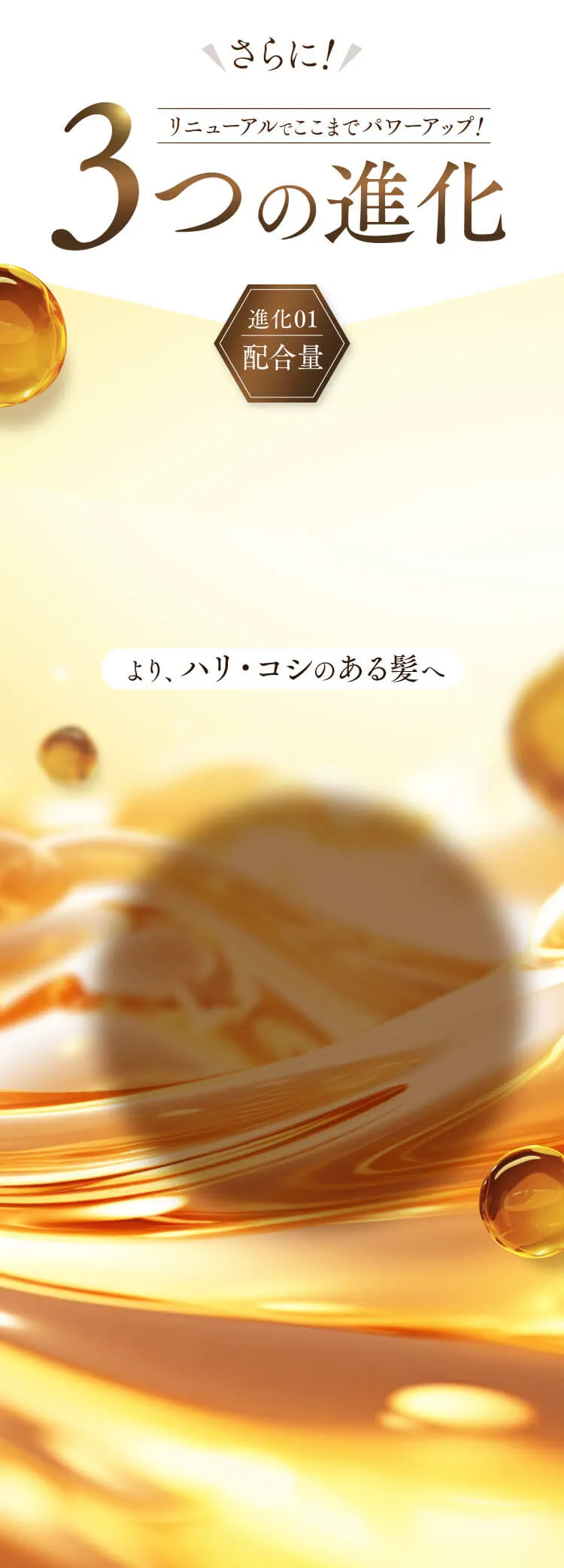 さらに！リニューアルでここまでパワーアップ！3つの進化 進化01 配合量 より、ハリ・コシのある髪へ
