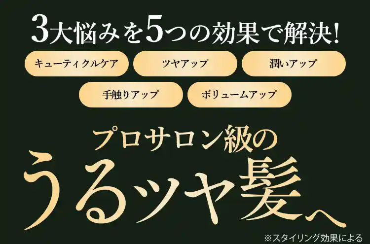 3大悩みを5つの効果で解決！キューティクル改善、ツヤアップ、潤いアップ、手触りアップ、ボリュームアップ プロサロン級のうるツヤ髪へ