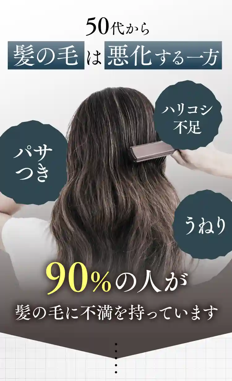 50代から髪の毛は悪化する一方 パサつき ハリコシ不足 うねり 90%の人が髪の毛に不満を持っています