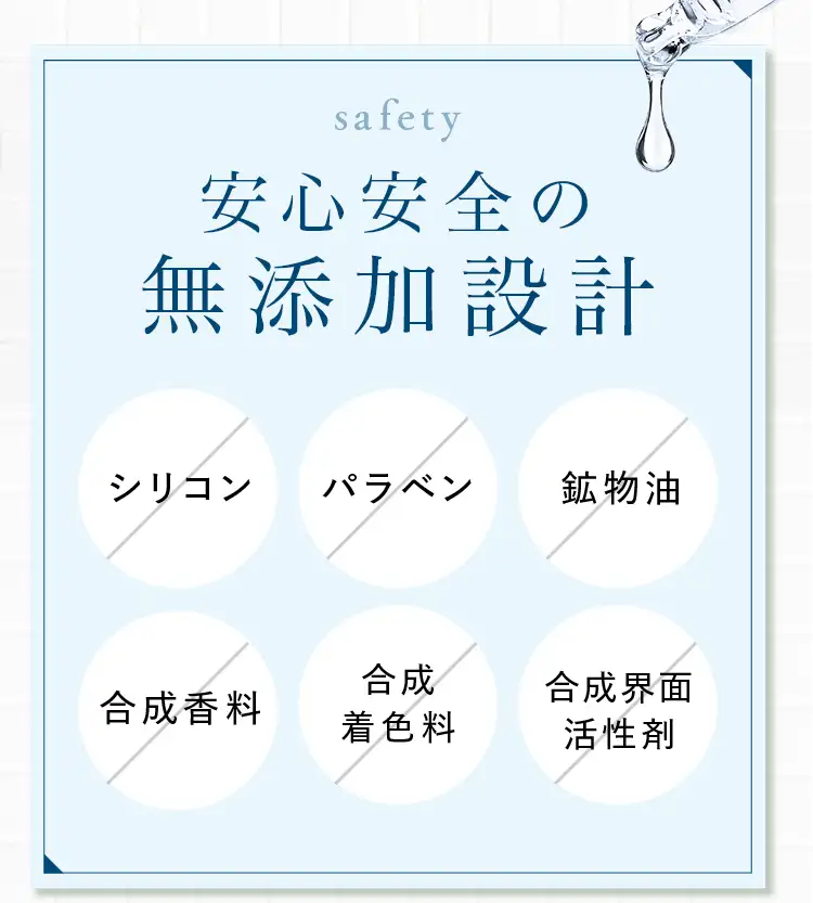 安心安全の無添加処方 シリコン・パラベン・鉱物油・合成香料・合成着色料・合成界面活性剤 不使用