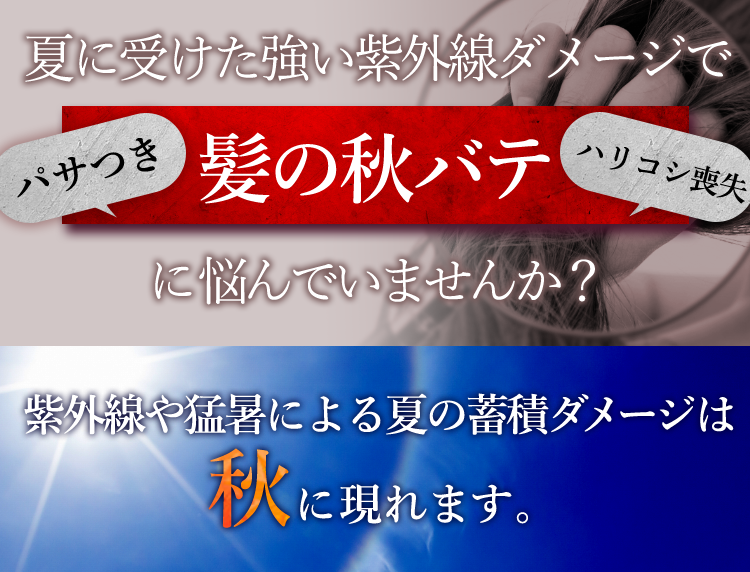 夏に受けた強い紫外線ダメージで髪の秋バテに悩んでいませんか？紫外線や猛暑による夏の蓄積ダメージは秋に現れます。