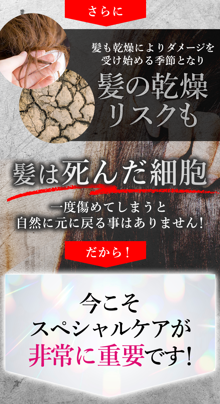 さらに髪も乾燥によりダメージを受け始める季節となり髪の感想リスクも　髪は死んだ細胞 一度傷めてしまうと自然に元に戻る事はありません！