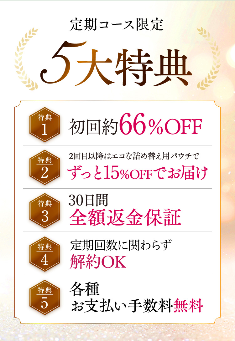 定期コース限定5大特典 （特典1）初回約60％OFF（特典2）2回目以降はエコな詰め替え用パウチでずっと15％OFFでお届け（特典3）30日間全額返金保証（特典4）定期回数縛りなしいつでも解約OK（特典5）各種お支払い手数料無料
