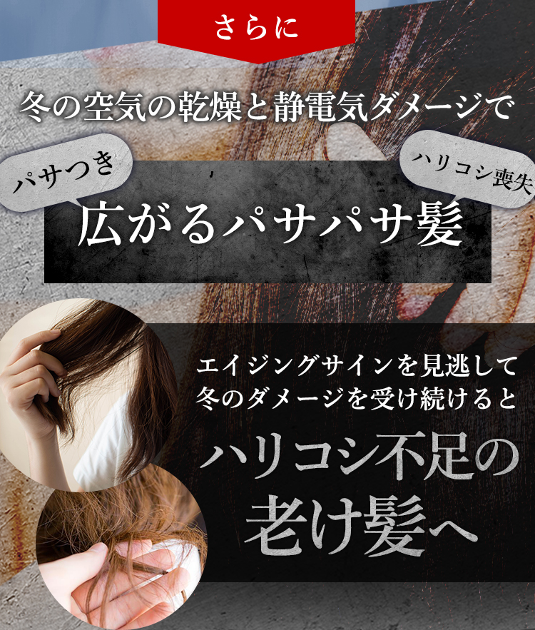 さらに冬の空気の乾燥と静電気ダメージで広がるパサパサ髪 エイジングサインを見逃して冬のダメージを受け続けるとハリコシ不足の老け髪へ