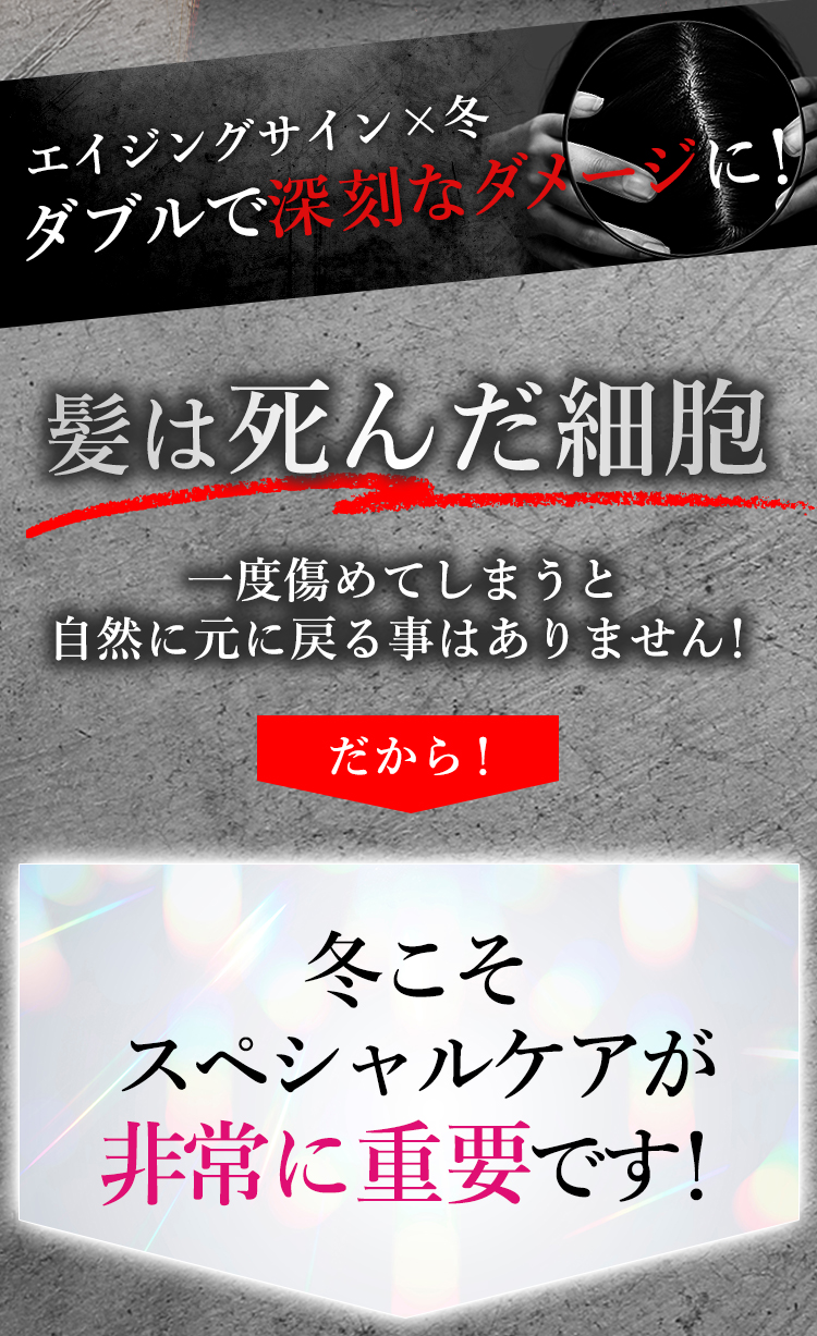 エイジングサイン×冬 ダブルで深刻なダメージに！髪は死んだ細胞 一度傷めてしまうと自然に元に戻る事はありません！だから！冬こそスペシャルケアが非常に重要です！