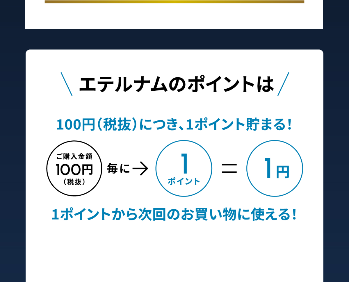 エテルナムのポイントは、100円（税別）につき、1ポイント貯まる