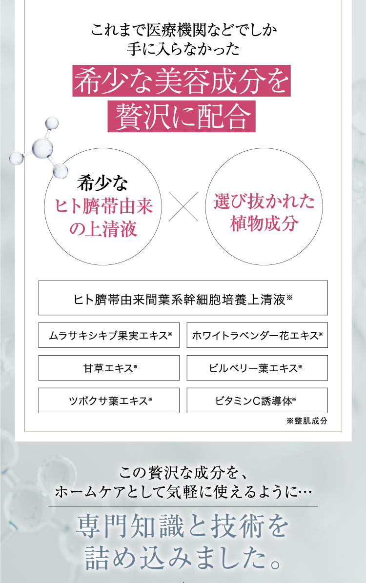 これまで医療機関などでしか手に入らなかった気象な美容成分を贅沢に配合