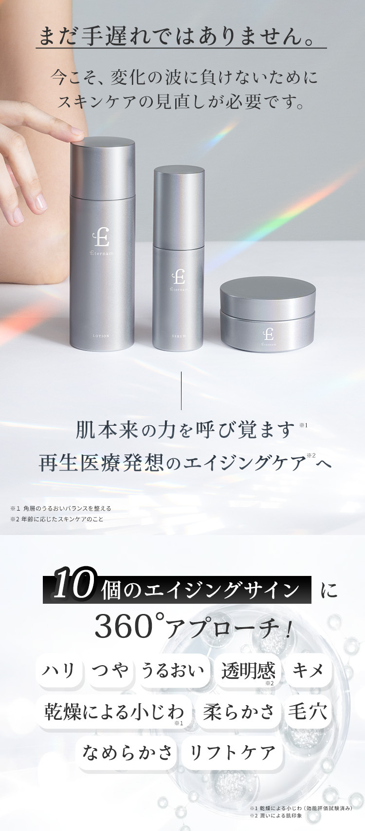 まだ手遅れではありません。今こそ、変化の波に負けないためにスキンケアの見直しが必要です。ハリ、つや、うるおい、透明感、キメ、乾燥による小じわ、柔らかさ、毛穴、なめらかさ、リフトケア、10個のエイジングサインに360度アプローチ。