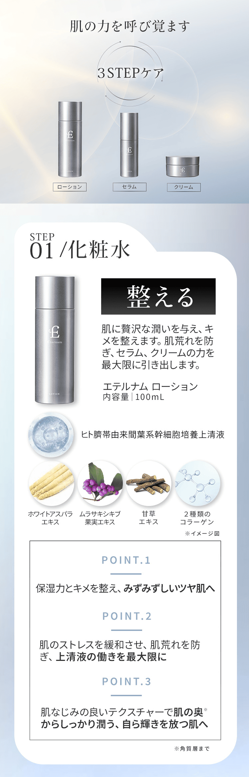 肌の力を呼び覚ます、3ステップケア。ステップ1、化粧水。整える。