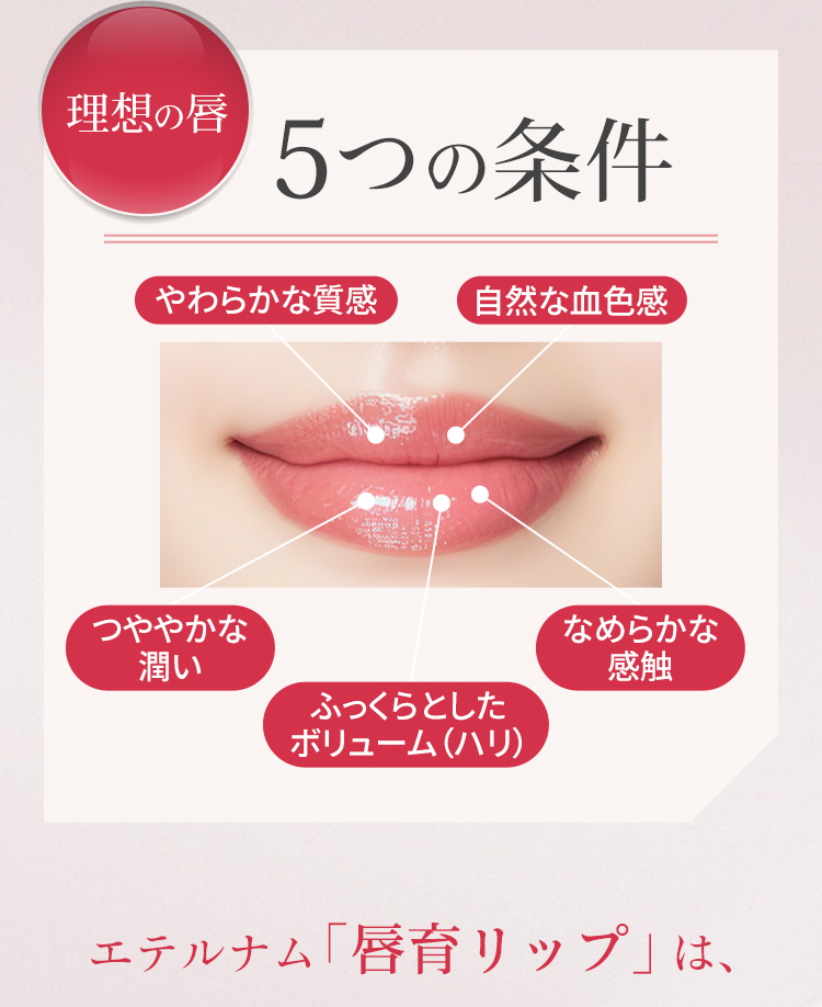 理想の唇 5つの条件　やわらかな質感　自然な血色感　つややかな潤い　なめらかな感触　ふっくらとしたボリューム（ハリ）　エテルナム「唇育リップ」は