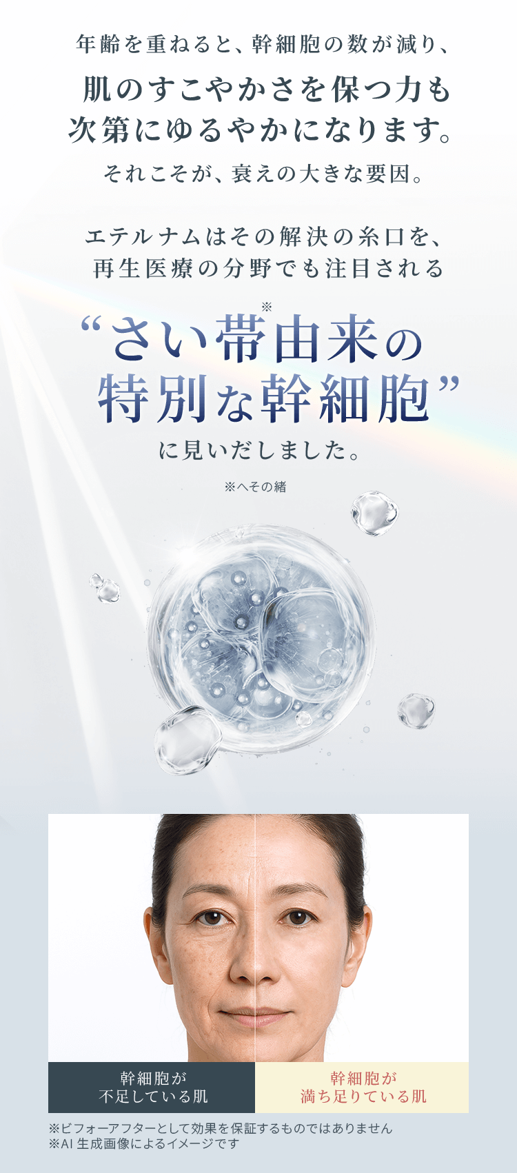 年齢を重ねると、幹細胞の数が減り、肌のすこやかさを保つ力も次第にゆるやかになります。それこそが、衰えの大きな要因。エテルナムはその解決の糸口を、再生医療の分野でも注目される”さい帯※由来の特別な幹細胞”に見いだしました。※へその緒