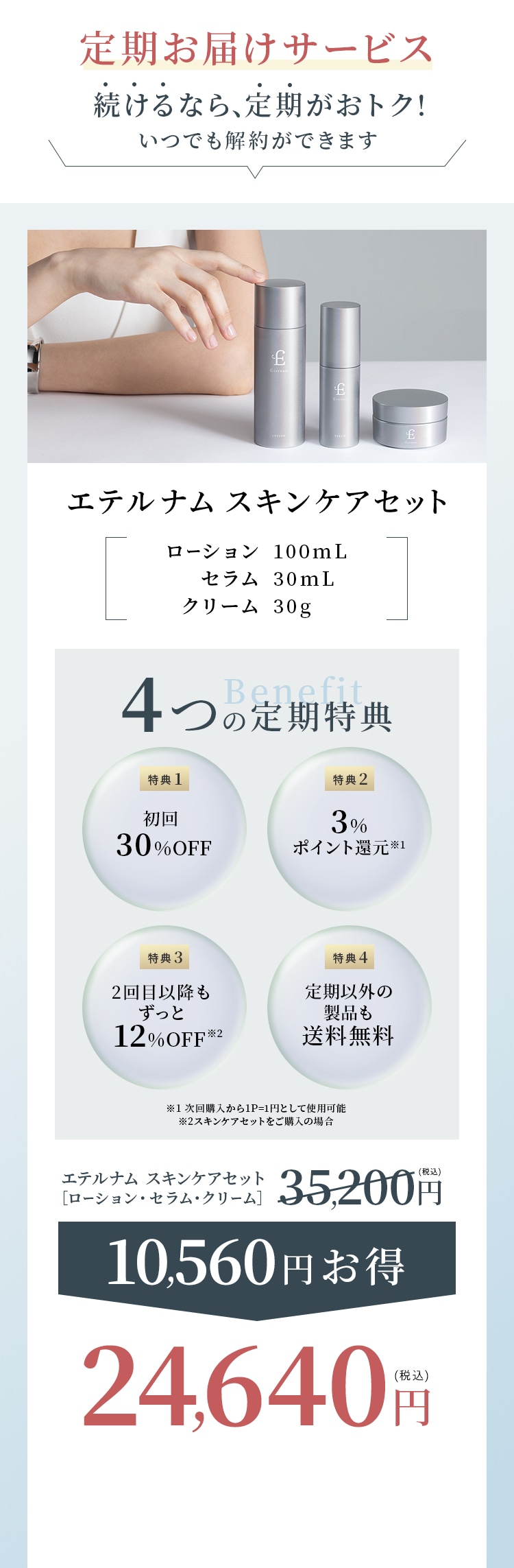 定期お届けサービス 続けるなら、定期がおトク!いつでも解約ができます エテルナムスキンケアセット ローション100mL セラム30mL クリーム30g 4つの定期特典 特典1 初回30%OFF 特典2 3%ポイント還元 次回購入から1P=1円として使用可能 特典3 2回目以降もずっと12%OFF スキンケアセットをご購入の場合 特典4 定期以外の製品も送料無料 エテルナム スキンケアセット ローション・セラム・クリーム 35,200円税込から10,560円お得 24,640円税込