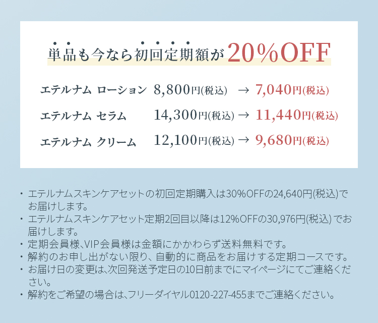 単品も今なら初回定期額が20%OFF エテルナム ローション8,800円(税込)が7,040円(税込)　エテルナム セラム14,300円(税込)が11,440円(税込) エテルナム クリーム12,100円(税込)が9,680円(税込) エテルナムスキンケアセットの初回定期購入は30%OFFの24,640円(税込)でお届けします。エテルナムスキンケアセット定期2回目以降は12%OFFの30,976円(税込) でお届けします。定期会員様、VIP会員様は金額にかかわらず送料無料です。解約のお申し出がない限り、自動的に商品をお届けする定期コースです。お届け日の変更は、次回発送予定日の10日前までにマイページにてご連絡ください。解約をご希望の場合は、フリーダイヤル0120-227-455までご連絡ください。