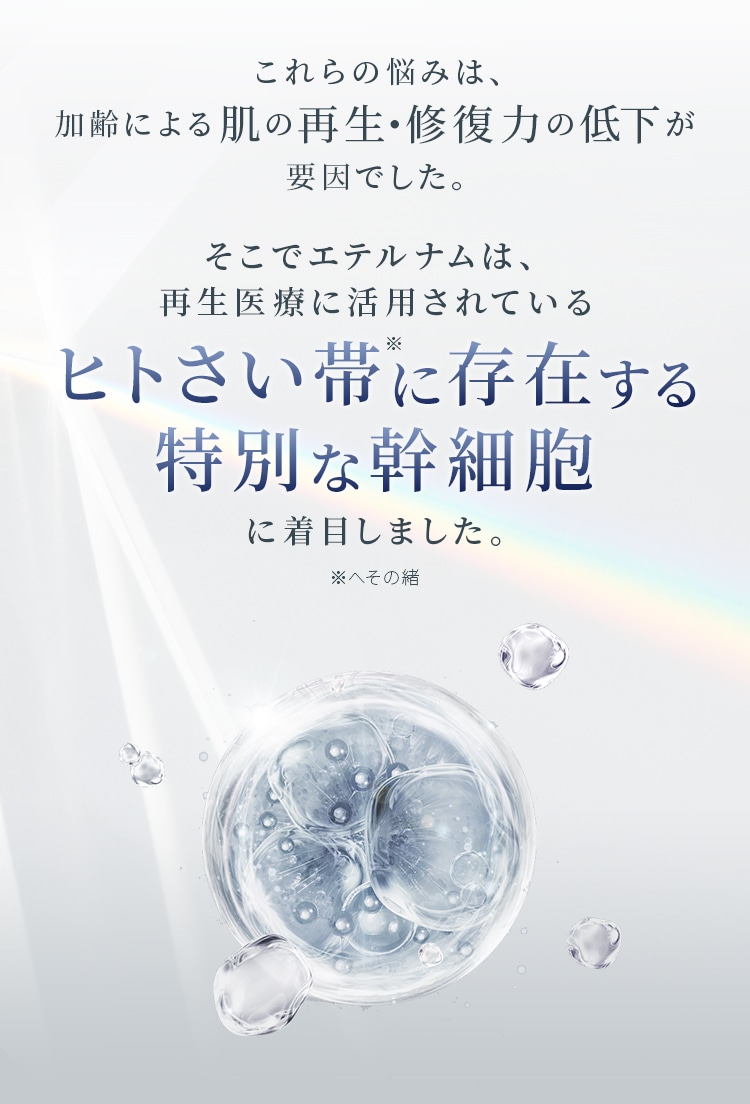 これらの悩みは、加齢による肌の再生・修復力の低下が要因でした。そこでエテルナムは、再生医療に活用されているヒトさい帯に存在する特別な幹細胞に着目しました。※へその緒