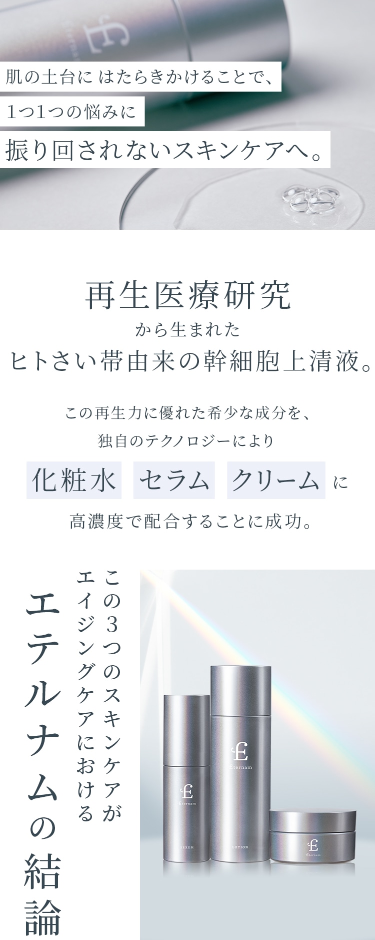 肌の土台にはたらきかけることで、1つ1つの悩みに振り回されないスキンケアへ。再生医療研究から生まれたヒトさい帯由来の幹細胞上清液。この再生力に優れた希少な成分を、独自のテクノロジーにより化粧水セラムクリームに高濃度で配合することに成功。この3つのスキンケアがエイジングケアにおけるエテルナムの結論