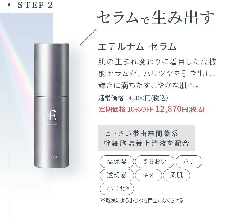 STEP2セラムで生み出す エテルナム セラム 肌の生まれ変わりに着目した高機能セラムが、ハリツヤを引き出し、輝きに満ちたすこやかな肌へ。通常価格 14,300円(税込）定期価格 10%OFF 12,870円(税込)ヒトさい帯由来間葉系幹細胞培養上清液を配合 高保湿 うるおい ハリ 透明感 キメ 柔肌 小じわ 乾燥による小じわを目立たなくさせる 
