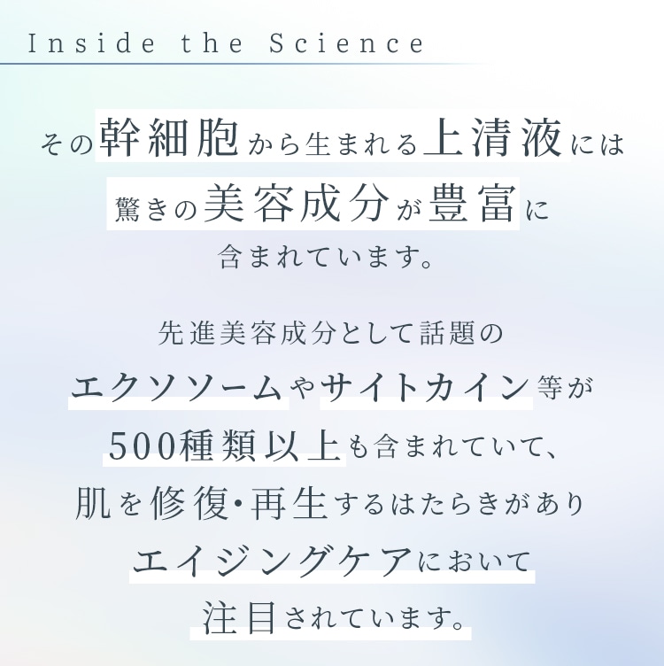 その幹細胞から生まれる上清液には驚きの美容成分が豊富に含まれています。先進美容成分として話題のエクソソームやサイトカイン等が500種類以上も含まれていて、肌を修復・再生するはたらきがありエイジングケアにおいて注目されています。