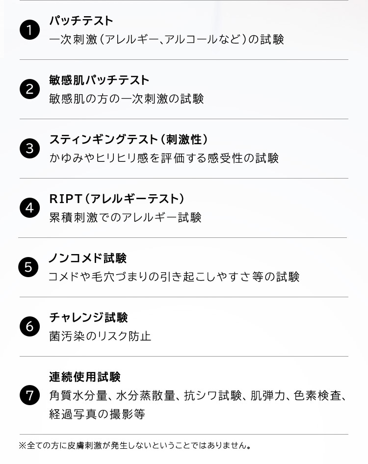 パッチテスト　敏感肌パッチテスト　スティンギングテスト（刺激性）　RIPT（アレルギーテスト）　ノンコメド試験　チャレンジ試験　連続使用試験
