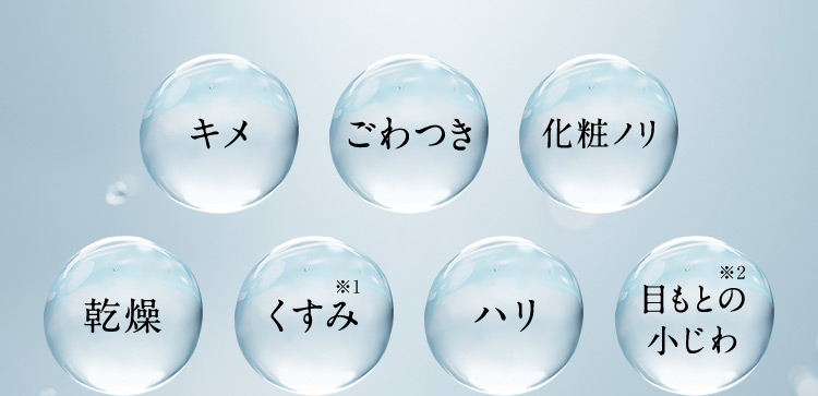 キメ　ごわつき　化粧ノリ　乾燥　くすみ　ハリ　目もとの小じわ