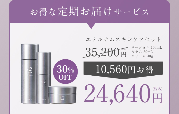 お得な定期お届けサービス　エテルナムスキンケアセット　35,200円　10,560円お得　24,640円　30％OFF