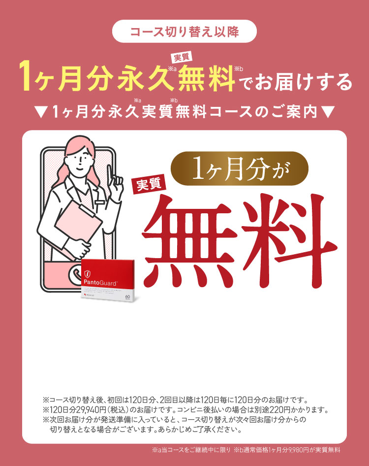 2回目以降、Panto Guardとミノキシジルを永久に1か月分無料でお送りする1か月分永久無料コースのご案内