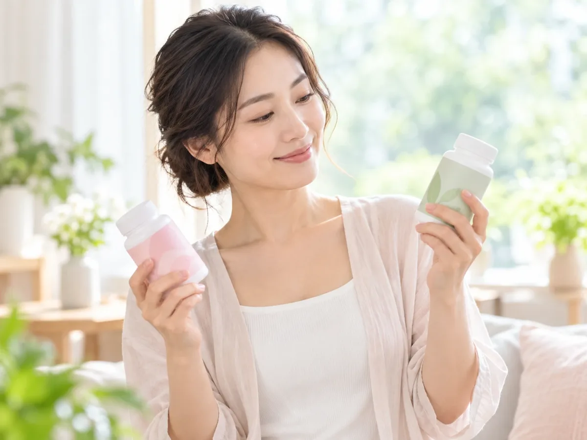 2つのサプリを手に取って見比べる女性