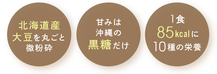 北海道産大豆を丸ごと微粉砕 甘みは沖縄の黒糖だけ 1食85kcalに10種の栄養