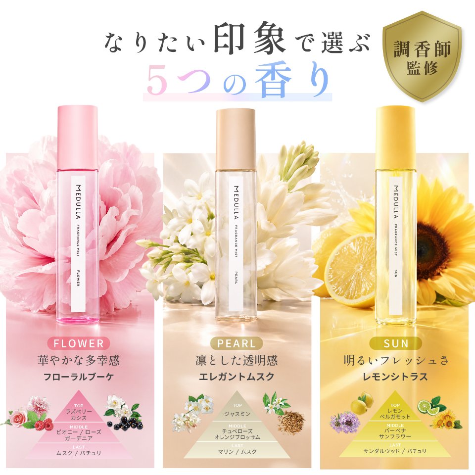 なりたい印象で選ぶ5つの香り 調香師監修 FLOWER 甘酸っぱいフローラル PEARL 上品なムスク SUN 明るいフレッシュさ