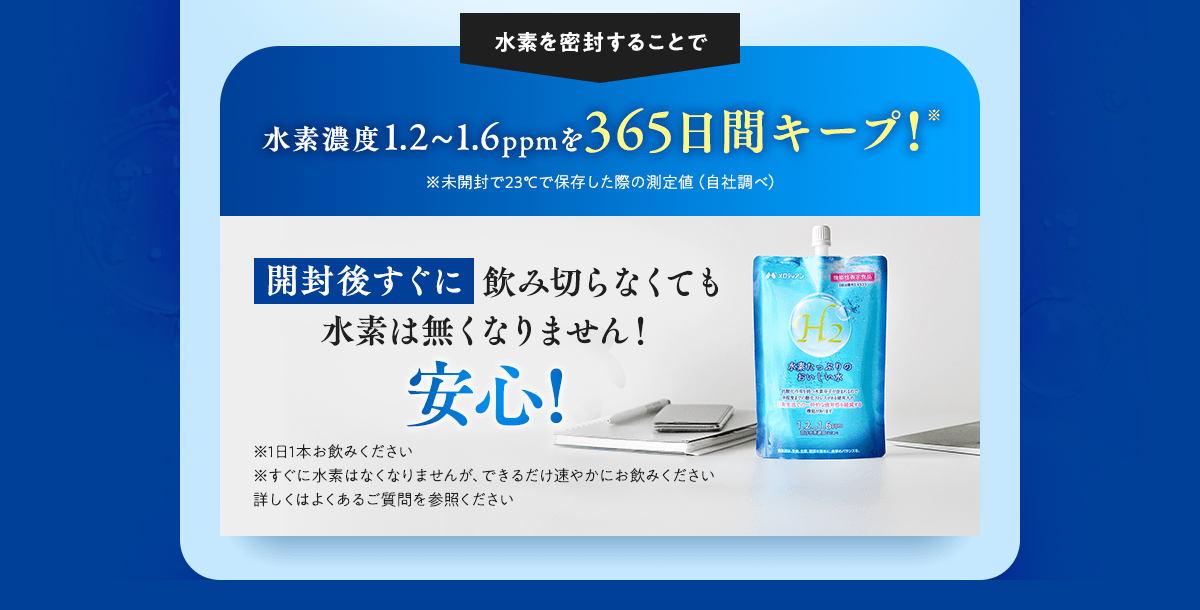 水素を密封することで水素濃度1.2~1.6ppmを365日間キープ！開封後すぐに飲み切らなくても水素はなくなりません！安心！