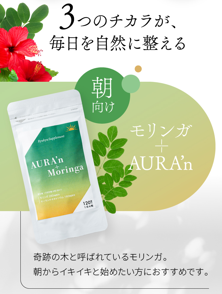 3つのチカラが、毎日を自然に整える 朝向け モリンガ + AURA’n 奇跡の木と呼ばれているモリンガ。朝からイキイキと始めたい方におすすめです。