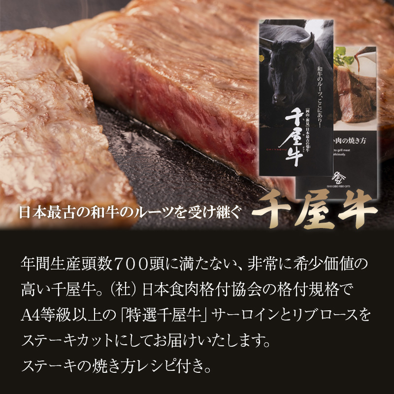 岡山県産 特選千屋牛 ステーキ（サーロイン 300g/リブロース 300g） 600g 熨斗対応可 産地直送 お取り寄せ