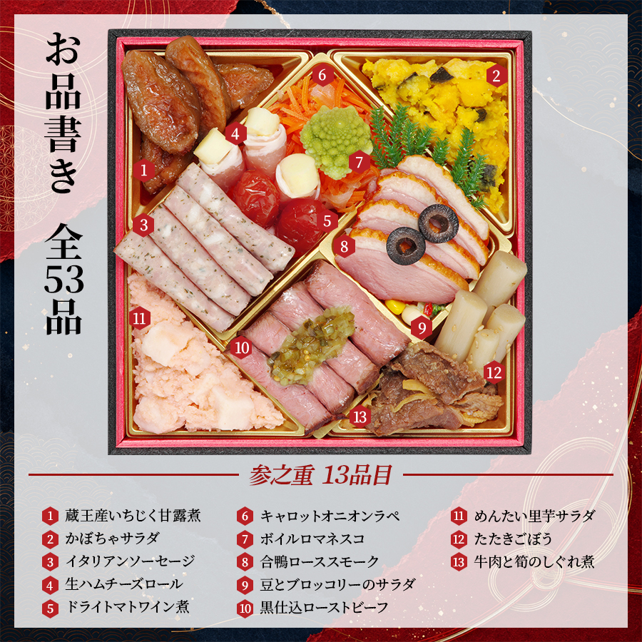 【萬福】 おせち料理 2027 肉＆海鮮 全53品 3～4人前 蔵王福膳 お届け日: 2026年12月29日（火）