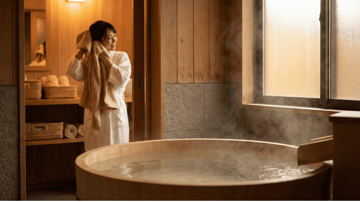 湯気が立ち上る温かいお風呂でリラックスする女性のイメージ